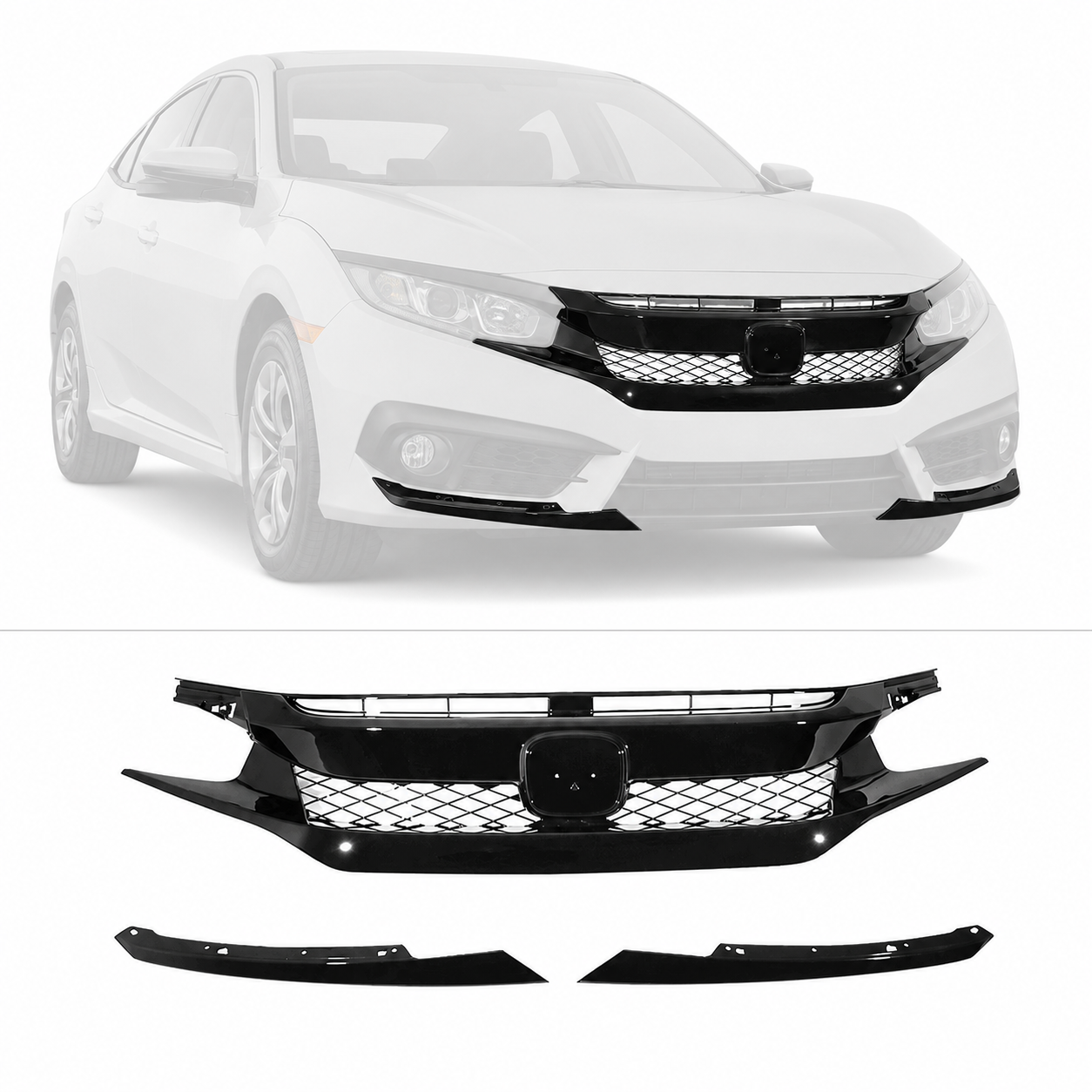 Type-R Style Front Bumper Set w/ Glossy Black Grille for 16-18 Civic Coupe Sedan