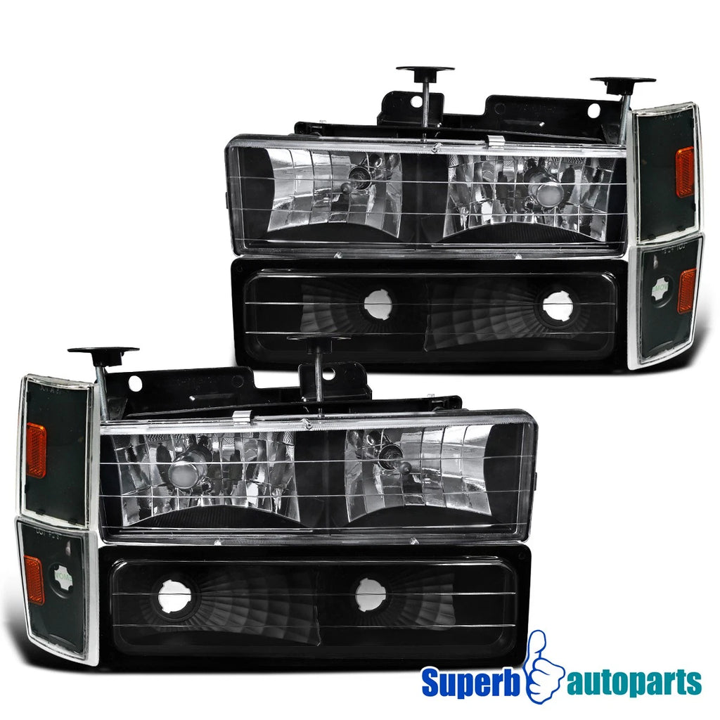 Fit 1988-1993 GMC Suburban Tahoe Silverado Head Lights+Bumper+Corner Lamps Black
