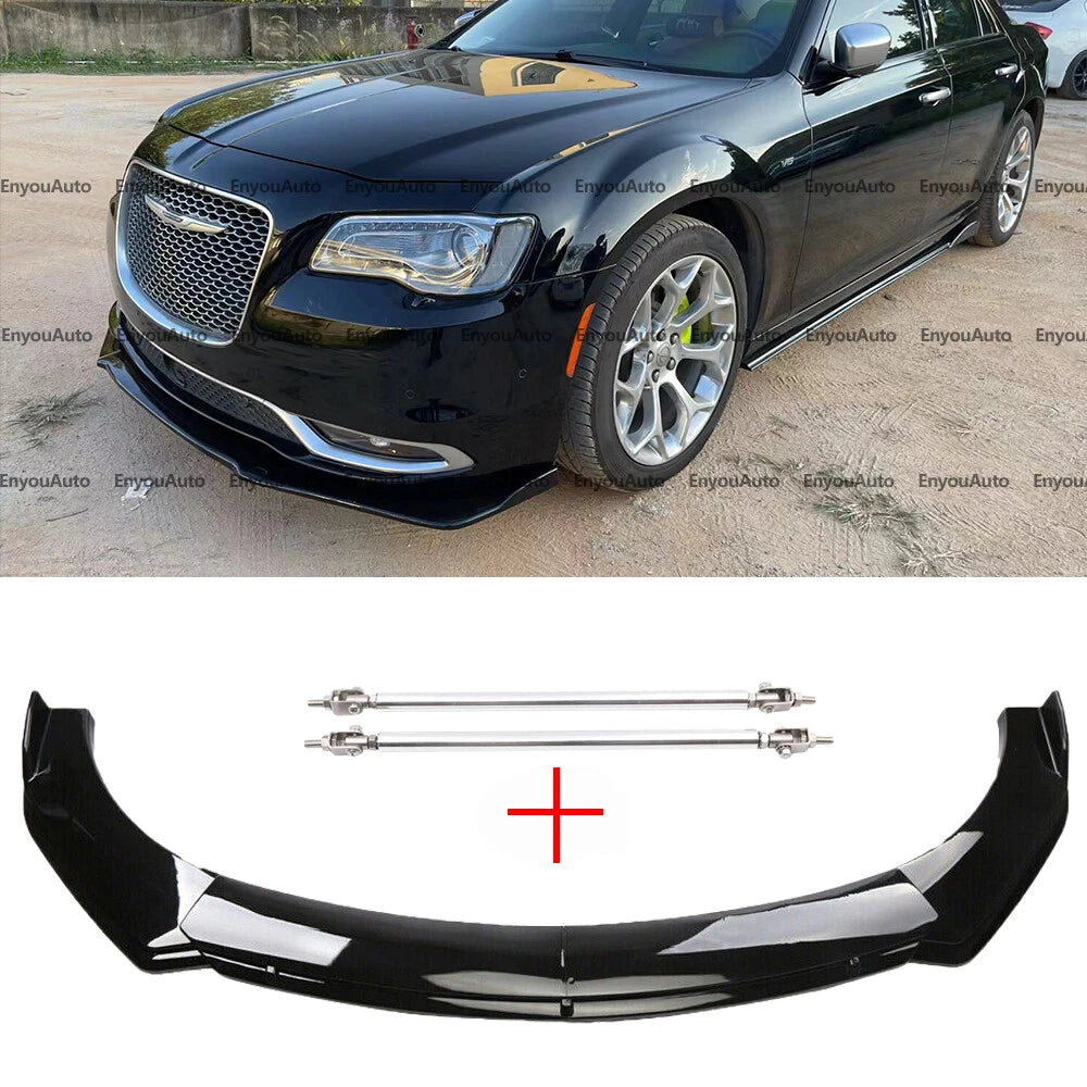 For Chrysler 300 Front Bumper Lip Spoiler Splitter + Strut Rods Glossy Black