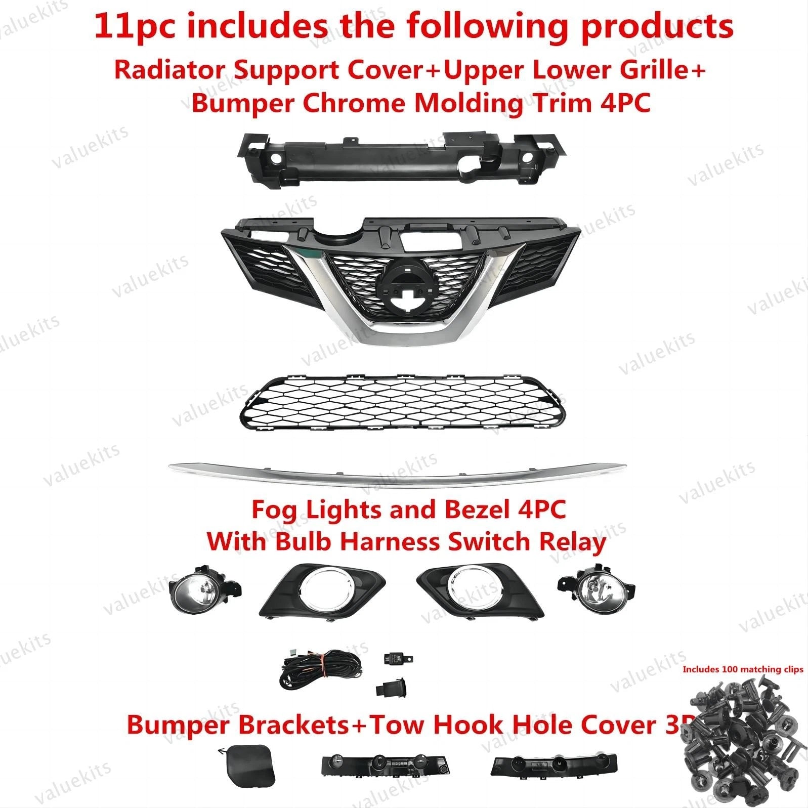 11PC For Rogue 2014-2016 Bumper Radiator Support Cover Grille Mesh Fog light Kit