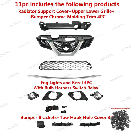 11PC For Rogue 2014-2016 Bumper Radiator Support Cover Grille Mesh Fog light Kit