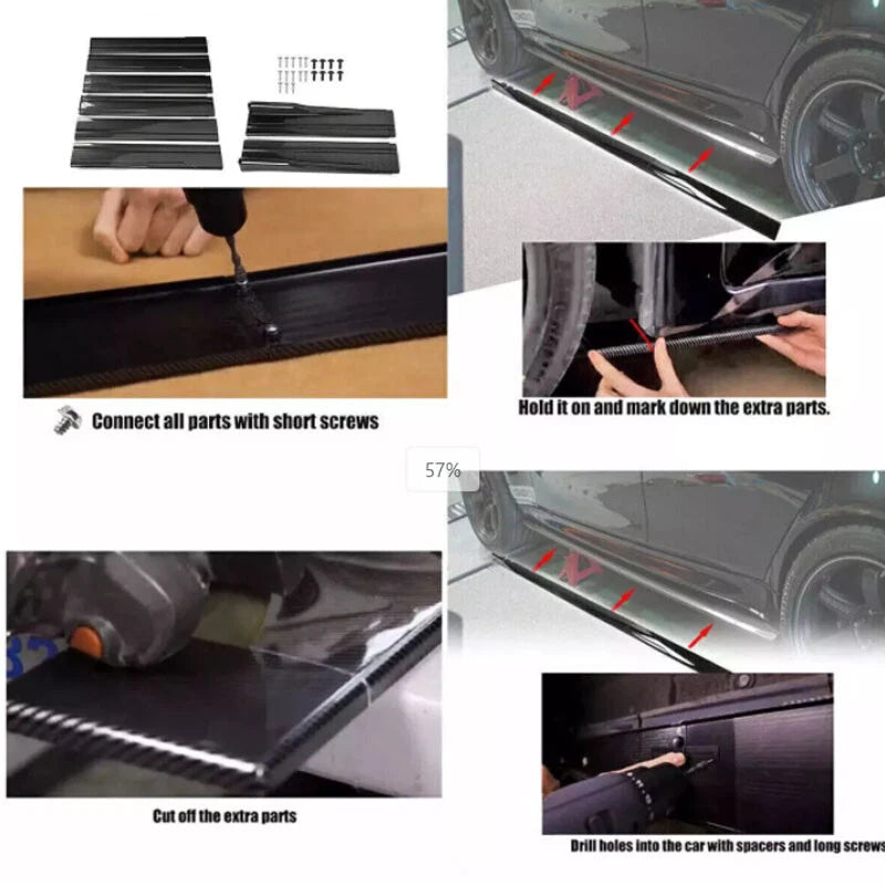 86" x 4" 6pcs Universal Black Side Skirt Extension Rocker Splitters Diffuser Lip
